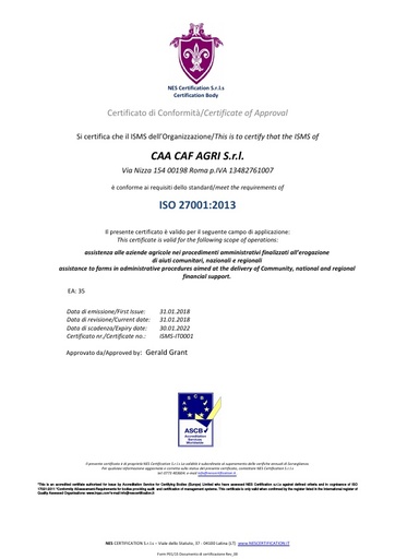 CAA CAF AGRI - Certificazione ISO 27001