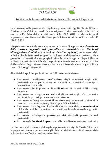 CAA CAF AGRI - Politica per la sicurezza delle informazioni